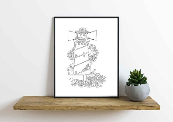 Lighthouse Nautical Line Art Printable Instant Digital Download, Lighthouse Decor, Lighthouse Art, Lighthouse Print, Maritime Art, Coastal Il_570xn