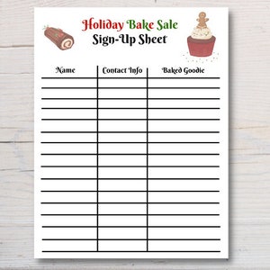 Holiday Bake Sale Sign Up Sheet Printable Instant Digital Download, Christmas Bake Sale Sign Up Sheet, Bake Sale Fundraiser, Food Sign Up image 1