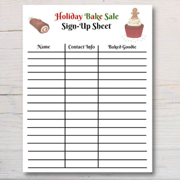 Holiday Bake Sale Sign Up Sheet Printable Instant Digital Download, Christmas Bake Sale Sign Up Sheet, Bake Sale Fundraiser,  Food Sign Up