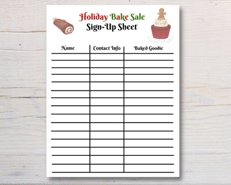 Holiday Bake Sale Sign Up Sheet Printable Instant Digital Download, Christmas Bake Sale Sign Up Sheet, Bake Sale Fundraiser, Food Sign Up image 1