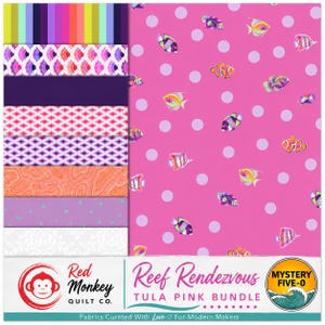 May include: A fabric bundle featuring a large pink sheet with light purple polka dots and colorful tropical fish, alongside several smaller strips of patterned fabric in shades of purple, orange, and white, labeled Reef Rendezvous Tula Pink Bundle.