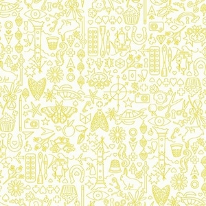 May include: A seamless pattern featuring a variety of yellow line drawings on a white background. The pattern includes a variety of objects, such as butterflies, hearts, stars, cupcakes, and flowers.