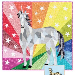 May include: A foundation paper piecing quilt pattern featuring a unicorn and a horse. The unicorn is gray with a rainbow background and white stars. The horse is brown and white with a zebra-like pattern. The pattern is titled "The Unicorn & Horse Abstractions Quilt" and is numbered 035.