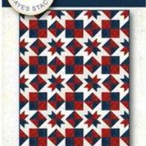 May include: A quilt pattern titled "Bespangle" with a repeating design of red, white, and navy blue squares and star shapes. The pattern is 60" x 80" and includes the text "Needle in a Hayes Stack".