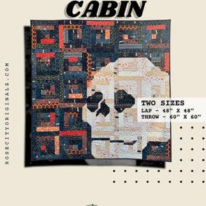 May include: A quilt pattern titled "Haunting in the Cabin" featuring a skull design. The quilt has a patchwork design with dark blue, orange, and cream colors. The pattern is available in two sizes: 48" x 48" and 60" x 60".