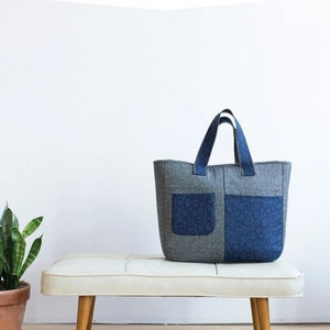 May include: A gray and blue tote bag with a zipper pocket and the text "FIKA TOTE" and "a multi-pocket tote with recessed zipper and lapped zipper pocket" on a white background. The tote bag is sitting on a white bench with wooden legs.