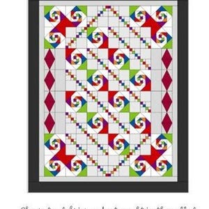 May include: A quilt pattern titled Surf's Up Riptide measuring 60 inches by 76 inches. The design features a central grid of colorful pinwheel blocks in red, green, blue, and yellow, surrounded by a border of dark red diamonds and a black frame.