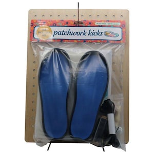 May include: A packaged "patchwork kicks" kit includes blue insoles, black shoelaces, and other components. The kit is displayed on a wooden pegboard with the product name and a shoe graphic.