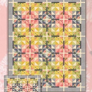 May include: A quilt pattern called "Farmhouse Crossing" by Color and Quilt by Robin Pickens. The quilt features a geometric pattern of pink, yellow, and gray squares and triangles.