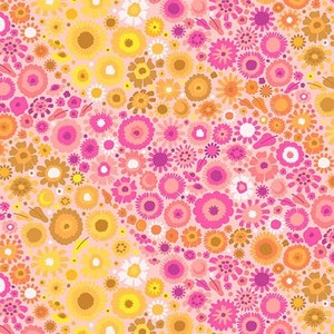 May include: A seamless pattern featuring a variety of pink, orange, and yellow flowers on a light pink background. The flowers are arranged in a random pattern and create a cheerful and vibrant design.