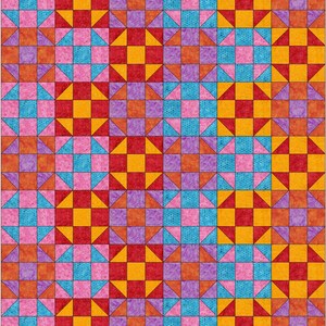 Könnte beinhalten: Ein Quilt mit einem sich wiederholenden geometrischen Muster aus kleinen Quadraten und Dreiecken. Das Design umfasst eine lebendige Farbpalette aus leuchtendem Gelb, Rot, Orange, Lila, Pink und Hellblau, die in einem Raster angeordnet sind.