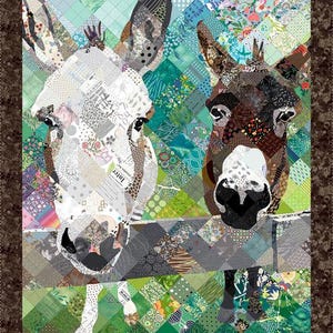 May include: A colorful quilt featuring two donkey faces. The donkeys are pieced together with various fabric patterns, including floral, newspaper print, and geometric designs. The background is a patchwork of green, blue, and patterned squares.