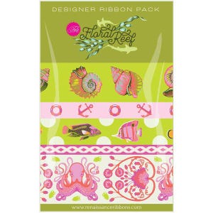 May include: A designer ribbon pack with a "Floral Reef" theme. The ribbons feature seashell, fish, and octopus patterns in pink, green, and white. The text "Designer Ribbon Pack" and "Floral Reef" are visible.