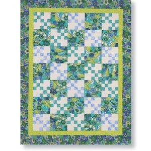 May include: A quilting pattern for a nine-patch quilt with a green, blue, and white floral print. The pattern is called "Kissing Nine-Patch Straight Set: ABB1009".