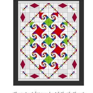 May include: A quilt pattern titled Surf's Up Hang Ten measuring 60 inches by 76 inches. The design features a central geometric arrangement of red, green, and multi-colored spiral blocks on a white and gray grid, accented by magenta diamonds.