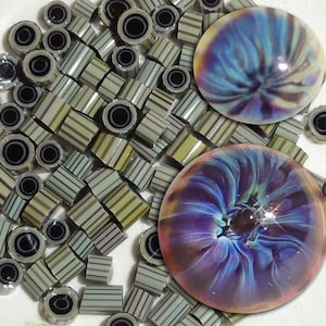 Mr Incredible.....Handmade Murrini Chips...Millefiori Slices..COE 104 Reactive Silver glass purple blue black....Beatlebaby Supply
