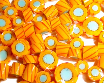 Marigold Twizzles.....Handmade Murrini Chips...Millefiori Slices twist twirl swirl spin orange turquoise COE 104....Beatlebaby Supply