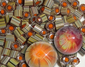 Flambe'.....Handmade Murrini Chips...Millefiori Slices......COE 104 Autumn orange flame lampwork bead Beatlebaby Supply