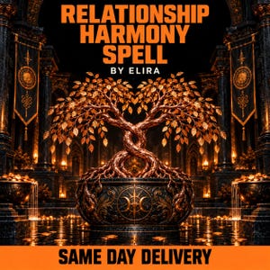 May include: A digital graphic featuring the text RELATIONSHIP HARMONY SPELL BY ELIRA and SAME DAY DELIVERY. The image displays a central copper-coloured tree with intertwined trunks in a dark, ornate stone basin, flanked by two black banners.