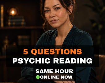May include: A dark teal blouse worn by a person sitting at a wooden table with a bowl of crystals. Text overlay reads: 5 QUESTIONS PSYCHIC READING, SAME HOUR, ONLINE NOW with a green circle icon. The setting includes a bookshelf in the background.