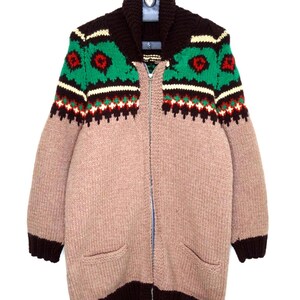 Cappotto/maglione Cowichan vintage anni '70 lavorato a mano / Giacca da donna in maglia grossa di lana stile sud-occidentale / Cardigan boho nordico