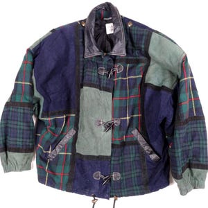 Vintage 90s Brandon Thomas Patchwork Bomber Jacket / Men’s Medium Suede Wool Plaid / Colorblock Retro Outerwear / Statement Vintage Coat