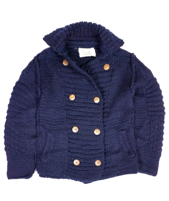 Kapital, Vintage Kapital Cowichan Wool Jacket: Hand Knit Blue Designer Cardigan Sweater (Size 1 Small)