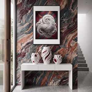 May include: A white console table holds three white ceramic vases with intricate spiral patterns and deep red interior accents. Above the table hangs a framed print featuring a matching white spiral sculpture against a dark red background.