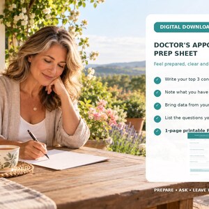 May include: A digital download titled Doctor's Appointment Prep Sheet. The document includes sections to write top 3 concerns, note what has been tried, bring tracker data, and list questions. It is a 1-page printable PDF for appointment preparation.