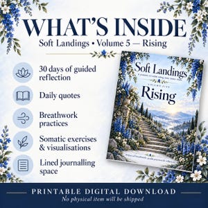 May include: A digital download titled WHAT'S INSIDE Soft Landings Volume 5 Rising, featuring 30 days of guided reflection, daily quotes, breathwork practices, somatic exercises, visualisations, and lined journalling space with blue floral accents.