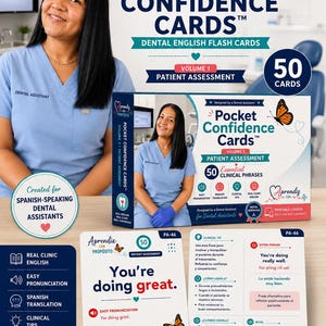 May include: A set of 50 Pocket Confidence Cards for dental assistants, featuring a box and two sample cards. The cards include clinical phrases, Spanish translations, and pronunciation guides. The design features a butterfly icon and text.