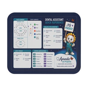 May include: A dark blue rectangular dental assistant quick reference guide featuring tooth numbering charts, surface diagrams, common abbreviations, and English phrases. A cartoon character holds a sign that says ¡TÚ PUEDES! and the text Aprendiz con Propósito.