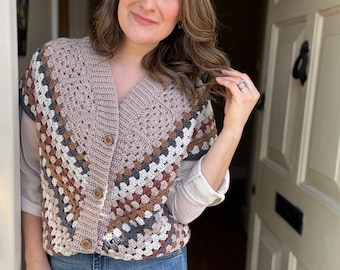 Modern Granny Square Cardigan Pattern PDF | XS-5XL (30-62&quot; Chest) | Crochet Yoke & Fun Granny Stitch | Optional Sleeves | Instant Download