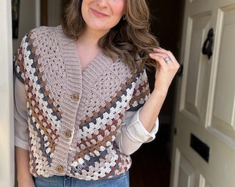 Modern Granny Square Cardigan Pattern PDF | XS-5XL (30-62" Chest) | Crochet Yoke & Fun Granny Stitch | Optional Sleeves | Instant Download