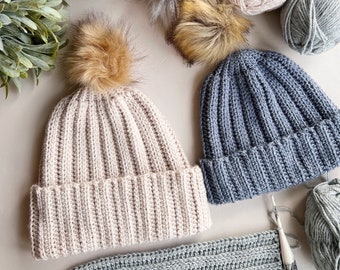 CROCHET PATTERN / Bingley Hat / Double Knit Yarn Crochet Beanie / Easy Ribbed Hat Pattern Baby, Toddler, Child, Adult Sizes / PDF Pattern