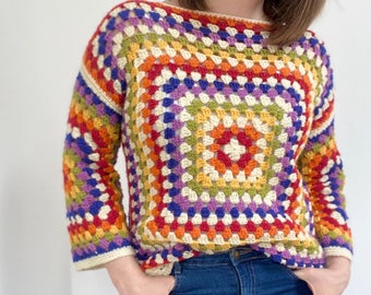 CROCHET PATTERN / Rainbow Granny Square Sweater / Crochet Jumper / Beginner Crochet Pattern / Crochet Pride Sweater