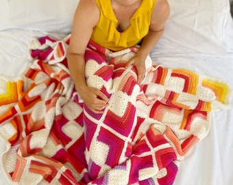 CROCHET PATTERN / Hot Squares Motif Crochet Blanket/Beginner Crochet Blanket/Geometric Ombre Crochet Blanket