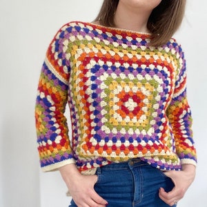 CROCHET PATTERN / Rainbow Granny Square Sweater / Crochet Jumper / Beginner Crochet Pattern / Crochet Pride Sweater
