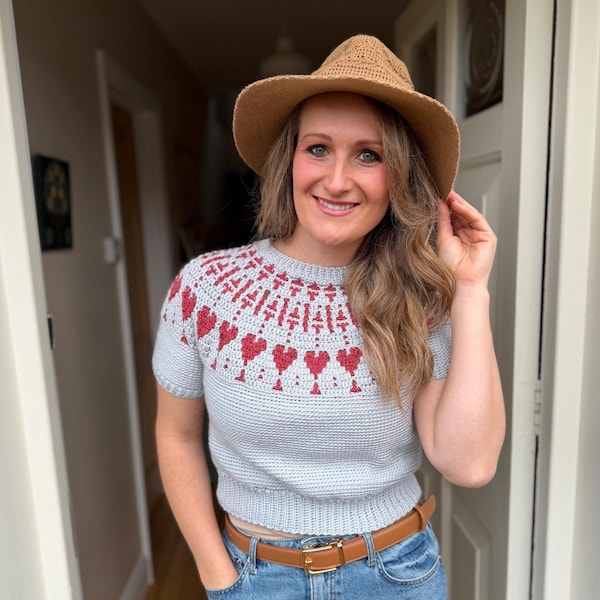 CROCHET PATTERN + VIDEO Happy Hearts Summer Top | Heart Crochet Tee Pattern | Overlay Mosaic | Top Down Yoke Adult Sizes xs – 5xl