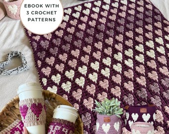 Happy Hearts Home Crochet Pattern Collection | Blanket, Baskets & Cup Cozies | Mosaic Crochet Ebook PDF | Heart Patterns