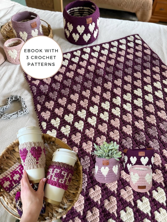 Happy Hearts Home Crochet Pattern Collection | Blanket, Baskets & Cup Cozies | Mosaic Crochet Ebook PDF | Heart Patterns
