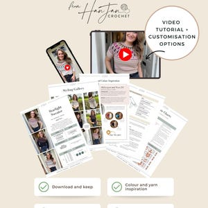 Pu&ograve; includere: Annuncio di un modello all'uncinetto in PDF, con un design di maglione. L'immagine include un tablet e un telefono che mostrano tutorial video, oltre a schemi stampati, grafici e ispirazione di stile. Il testo include "PDF Crochet Pattern" e "Video Tutorial + Customisation Options."