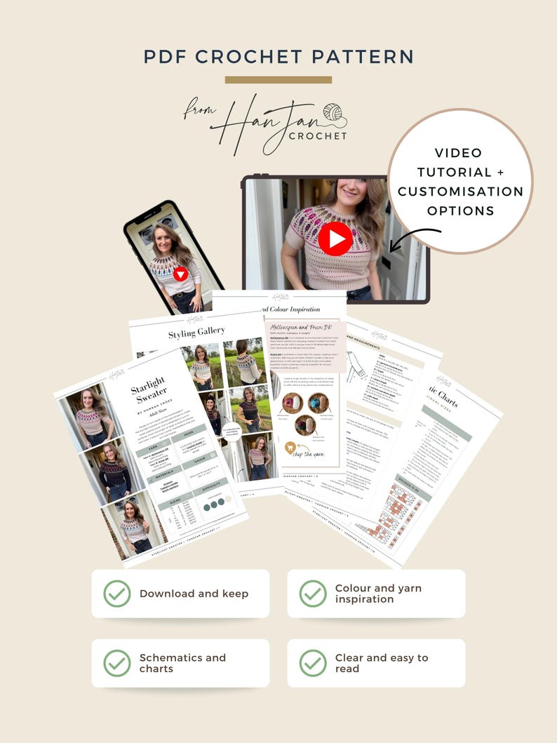 Pu&ograve; includere: Annuncio di un modello all'uncinetto in PDF, con un design di maglione. L'immagine include un tablet e un telefono che mostrano tutorial video, oltre a schemi stampati, grafici e ispirazione di stile. Il testo include "PDF Crochet Pattern" e "Video Tutorial + Customisation Options."
