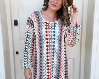 Crochet Granny Dress Pattern PDF & VIDEO | XS-5XL (30-62&quot; Chest) | Retro Crochet Dress Pattern with Granny Stitch | Instant Download