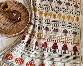 PATTERN + VIDEO – Fall Crochet Blanket Pattern PDF, Autumn Overlay Mosaic Afghan, Pumpkins Mushrooms Acorns & Leaves