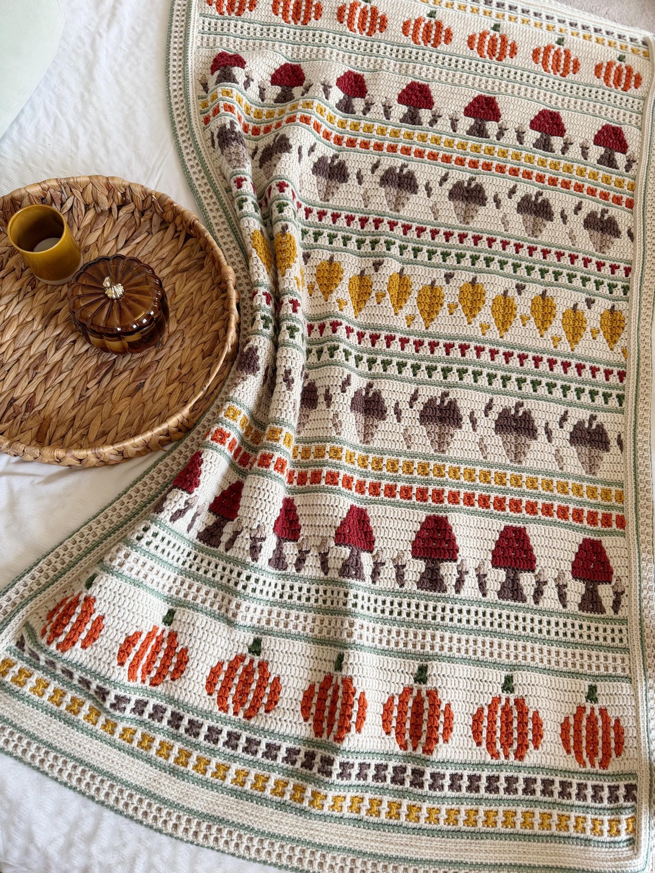 PATTERN + VIDEO – Fall Crochet Blanket Pattern PDF, Autumn Overlay Mosaic Afghan, Pumpkins Mushrooms Acorns & Leaves