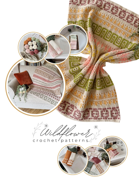 CROCHET PATTERNS & VIDEO - Inset Mosaic Crochet Blanket and Washcloth Set, Pdf download + video tutorial, worsted weight home decor crochet