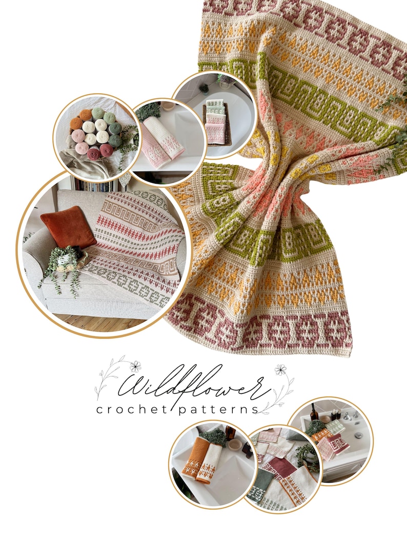May include: A selection of crocheted items, including blankets and towels, in shades of cream, green, orange, and pink. The items showcase geometric patterns and are presented in a lifestyle setting. The text "Wildflower crochet patterns" is also visible.