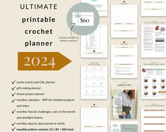 2024 Crochet Planner, Printable PDF, Digital Craft Planner with tutorials and yarn guides, Printable Planner