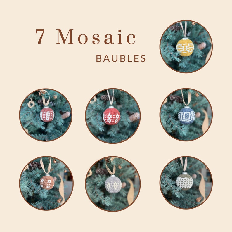 Pictures of crochet christmas tree baubles. & of them, each on a circle picture.